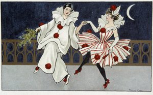 Pierrot et Colombine dansant au clair de lune - dess. par Florence Hardy, début 20e siècle