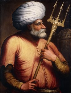 Portrait de Khair el-Din Barberousse, mi-longueur, tenant un Trident