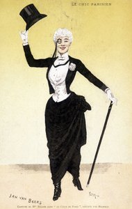 Le chic parisien (dandy - dandysme) : Costume de Mademoiselle Réjane dans « Le cœur de Paris ». Costume par le créateur de mode Jan Van Beers, exécuté par Redfern. Dessin de Florian - Florian