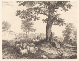 Berger et troupeau sous un arbre ancien
