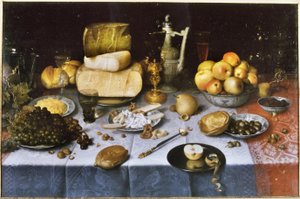 Néerlandais : Nature morte avec fruits, fromage, pain et vin Table dressée avec fromage et fruits