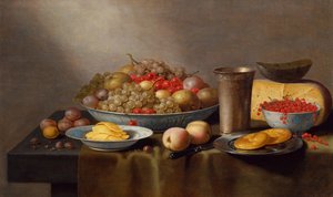 Nature morte avec fruits, fromage, pain et un gobelet