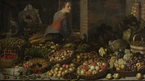 Nature morte avec fruits et légumes, avec le Christ à Emmaüs en arrière-plan, vers 1630