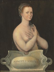 Portrait de Poppée Sabina, mi-longueur, dans un voile transparent, devant une cartouche en pierre