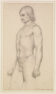 Nu masculin - Étude académique, nu de trois-quarts, avec moustache et poings serrés - Ford Madox Brown