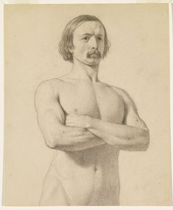 Nu masculin - Étude académique de nu, en demi-longueur avec moustache et bras croisés - Ford Madox Brown