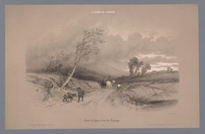 Voyageurs sur un chemin de campagne par temps orageux