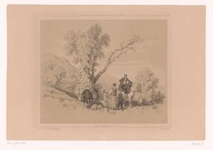 Rustende familie op reis in een berglandschap