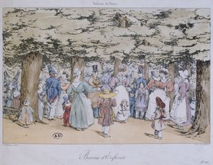 Enfants et nourrices dans le parc, de la série Tableau de Paris, gravé par C. Motte, 1827 - Fortune Delarue