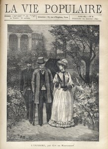 Un homme avec des béquilles marche avec une jeune femme élégante dans les allées d