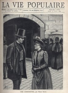 Une jeune femme portant un chapeau voilé qui couvre son visage, tenant un parapluie et un livre, parle à un jeune homme élégant, costume et chapeau haut de forme, mains dans les poches. Derrière eux, un groupe de femmes sévères, manteau sombre et voilé. El