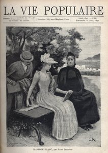 Une jeune femme vêtue de blanc, tenant un livre ouvert, accompagnée de sa mère, vêtue de noir avec un visage triste, assise sur un banc devant un paysage sur la côte méditerranéenne. Derrière eux, un homme se penche sur l