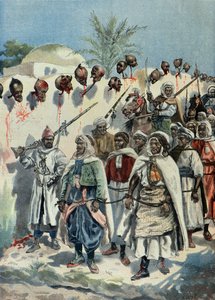 Des insurgés marocains emprisonnés passent devant les têtes coupées de leurs camarades en 1897 (Gravure)