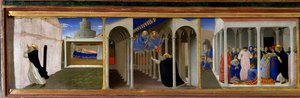 De gauche à droite, Saint Dominique et le Pape Innocent III, apparition de Saint Pierre et Saint Paul à Saint Dominique, et une scène de résurrection opérée miraculeusement par le saint (détail)