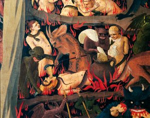 Enfer avec des démons punissant les gourmands, détail du Jugement dernier par Giovanni da Fiesole dit Fra Angelico (1400-vers 1455), tempera sur bois - Fra (c.1387 1455) Angelico