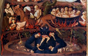 Le Jugement dernier : détail des Enfers. Damnés dans les cercles infernaux, tortures par des démons (détail) - Fra  Angelico