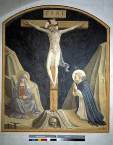 Crucifixion avec la Vierge Marie et Saint Dominique. Inscription "INRI" sur la croix, 1442 - Fra Angelico