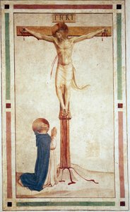 La crucifixion avec Saint Dominique. Inscription "INRI" sur la croix. Fresque de Guido di Pietro