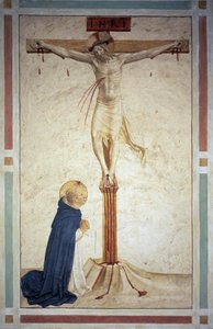 La crucifixion avec Saint Dominique. Inscription "INRI" sur la croix. Fresque de Guido di Pietro