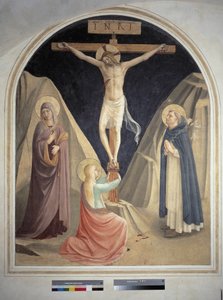 La crucifixion avec Saint Dominique, la Vierge Marie et Sainte Marie Madeleine. Inscription "INRI" sur la croix. Fresque de Guido di Pietro - Fra Angelico