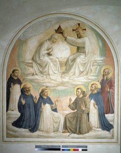Le couronnement de la Vierge. De g. à dr. : Saint Thomas, Saint Benoît de Nursie, Saint Dominique, Saint François, Saint Pierre martyr et Saint Marc. Fresque de Guido di Pietro - Fra Angelico