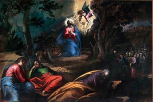 La prière au jardin des oliviers À droite, Judas arrive avec les soldats pour arrêter Jésus-Christ. Peinture de Francesco Bassano le jeune (ca. 1549-1592) Venise, Chiesa del Redentore, Italie - Francesco Bassano