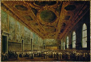 Après son élection, le Doge remercie le Grand Conseil dans la salle du Grand Conseil du Palais des Doges à Venise, en Italie ...