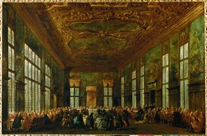 Repas de cérémonie au Palais des Doges dans la salle du Grand Conseil, le Doge étant assis au centre de l