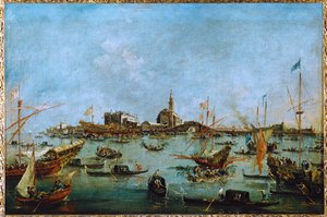 Le Doge, dans sa gondole dorée, le Bucintoro, passe devant San Niccolo del Lido ...
