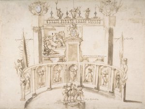 Conception pour une fête de jardin avec un mur semi-circulaire et des statues dans des niches, vers 1635-79 - Francesco Allegrini