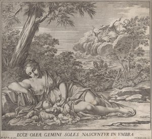 Latone et ses jumeaux endormis, Apollon et Diane, dans un paysage, 1705 - Francesco Antonio Meloni