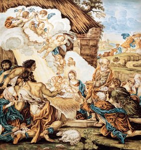 Crèche, assiette en majolique peinte, par Francesco Antonio Xaverio Grue, manufacture d