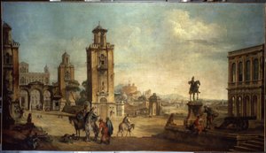 Scène de rue dans une ville, la grande place avec monuments - Francesco Battaglioli