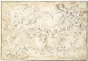 Bergers avec chèvres, moutons, une vache et un chien de berger - Francesco Castiglione