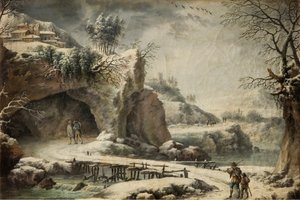 Un paysage de rivière gelée avec des personnages