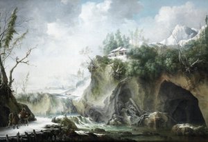 Paysage fluvial en hiver, avec des voyageurs sur un chemin enneigé