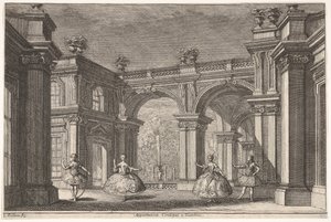 Deux dames et deux messieurs dansant dans un cadre architectural orné, une fontaine en arrière-plan, 1765 - Francesco Galli Bibiena