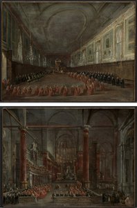 Le pape Pie VI descendant du trône pour prendre congé du doge dans la salle des SS. Giovanni e Paolo, 1782 et cérémonie pontificale dans SS. Giovanni e Paolo, Venise, 1782 (paire) - Francesco Guardi