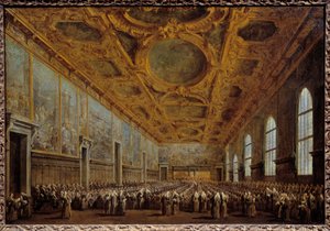 Le Doge de Venise remercie le Grand Conseil. La scène se déroule au Palais des Doges sur la place Saint-Marc à Venise. Peinture de Francesco Guardi