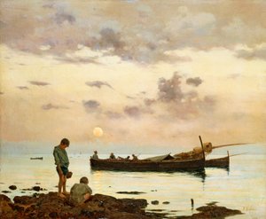 Marina avec bateau de pêche et garçons, par Francesco Lojacono
