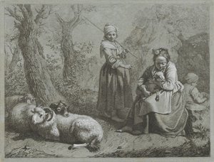 Trois bergères avec des moutons