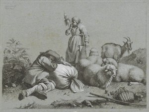 Berger et bergère avec moutons et chèvre (Scènes pastorales)