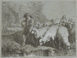 Berger avec troupeau de moutons et de chèvres