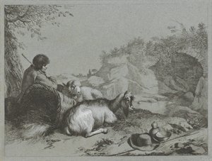 Berger avec mouton et chèvre