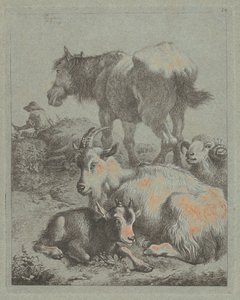 Cheval, bélier, chèvre avec chevreau; au loin un berger avec troupeau