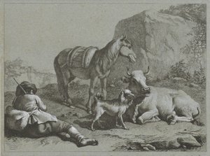 Berger couché avec cheval, vache et chien
Scènes pastorales (titre de la série) - Francesco Londonio