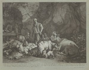 Vieux berger chauve, garçon berger assis et troupeau