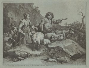 Paysans avec un sac et deux bergères