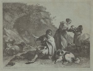 Berger assis et femme donnant à boire à un enfant - Francesco Londonio