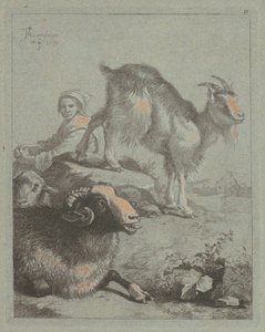 Bergère assise, un bélier, une brebis et une chèvre